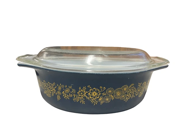 1965 Pyrex 043 Blue Golden Bouquet Vine Promotional Casserole & Chipped Lid MCM