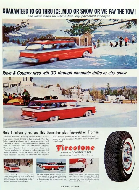 Firestone tires ad Vintage 1959 winter town country tires original advertisement