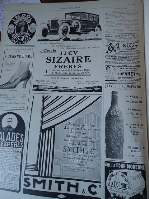 SIZAIRE 11 CV + SMITH & Cie + PHILIPS TSF publicité papier ILLUSTRATION 1925