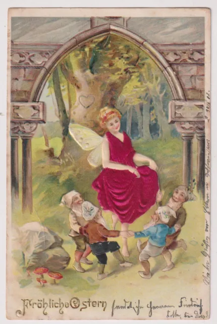 Ostern Elfe Seide LITHO Zwerge Tanz Reigen 1902 Prägekarte Großschönau Sachsen R