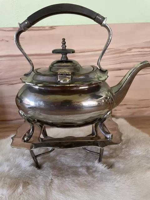 Antike Englische Teekanne Mit Stövchen Versilbert?Ebenholzgriff Auf Füßen