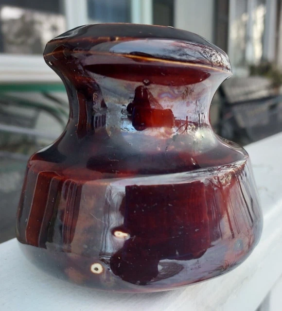 Ceramic / Porcelain Insulator - LOCKE 2 USA - CABLE TOP - DEEP RED / BROWN GLAZE 3
