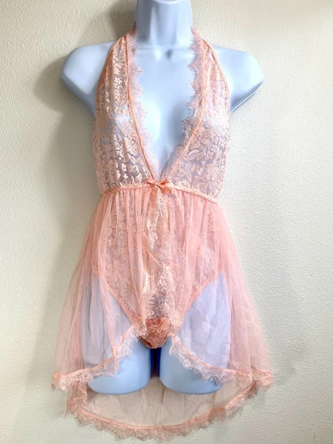 Dreamgirl OS Plus Size Halter Plunge Lace Teddy with Flyaway Skirt 11513X Pink