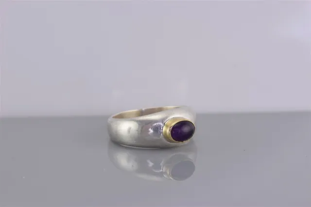 Two Tone Sterling Silver Oval Purple Amethyst Solid Band Ring 925 Sz: 7.5