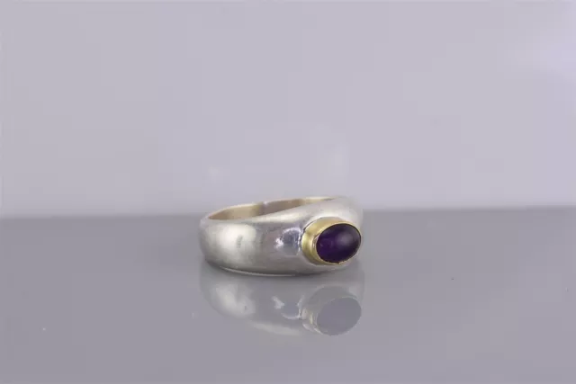 Two Tone Sterling Silver Oval Purple Amethyst Solid Band Ring 925 Sz: 7.5