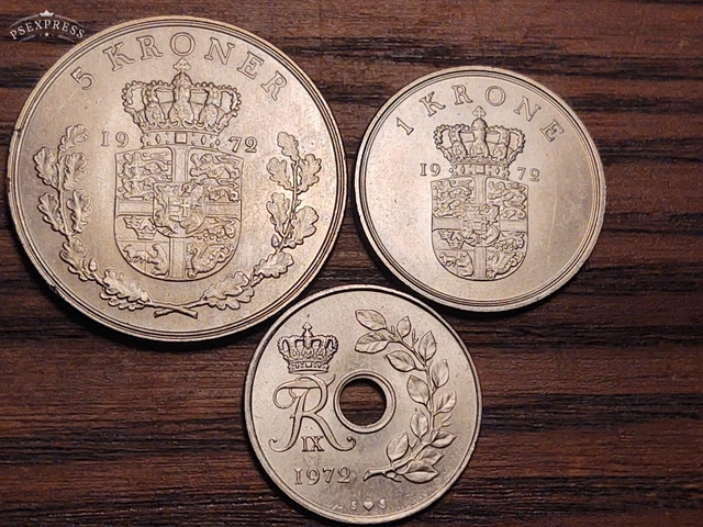 Denmark 1972 7 Coin UNC Mint Set - 1, 2, 5, 10, 25 ORE & 5 KRONER & 1 KRONER
