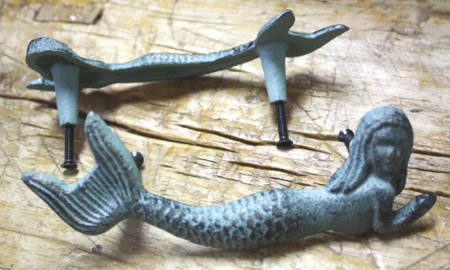 3 Cast Iron NAUTICAL MERMAID Style Drawer Pull, Barn Handle, Door Handles Beach