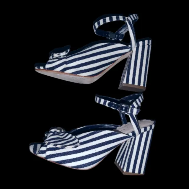 Loeffler Randall Leigh Striped Canvas Block Heel Sandal Navy and White Size 7B