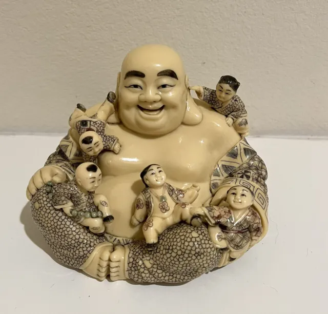 Vintage Japanese Happy Buddha with 5 Children, Netsuke Carving - Signed Statue