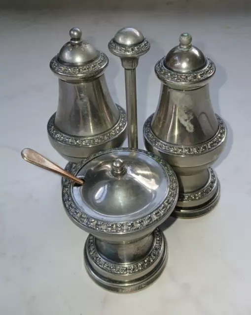Vintage Silver Coloured Salt Pepper Mustard Pot & Spoon Cruet Set on Stand