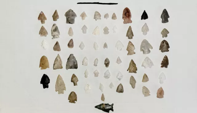 Huge lot of 57 Archaic Indian Arrowheads Authentic Native American Artifacts