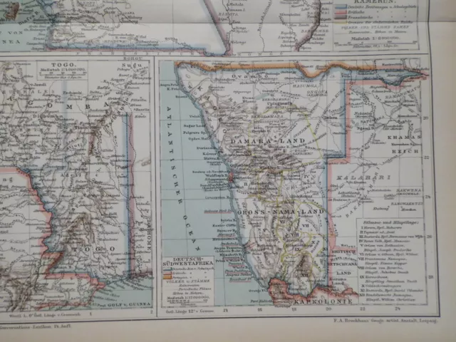 Landkarte Kolonien, Kamerun, Togo und Deutsch - Südwestafrika, Brockhaus um 1898 2