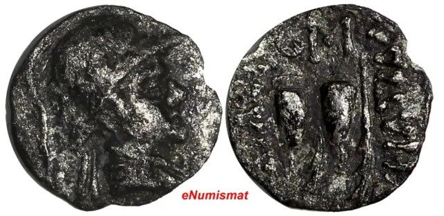 BAKTRIA, Eukratides I Megas.Circa 171-135 BC. AR Obol (10mm, 0.55 g, ). (15 264)