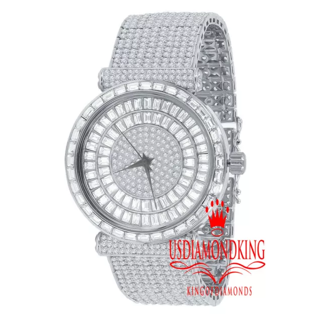 Baguette Simulated Diamond 18K White Gold Finish 10 Row Custom Band Mens Watch