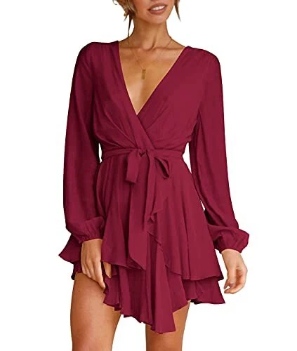 Cosonsen Womens Short Dress Deep V-Neck Long Sleeve Bow Tie Waist Flare Mini 04