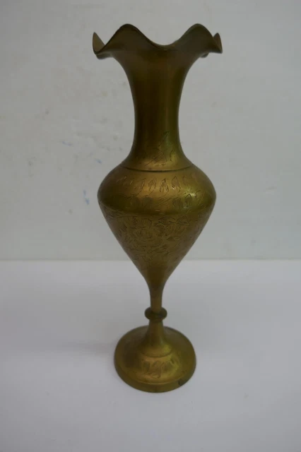 Vintage Engraved   Brass Footed Ruffled Top Edge Bud Vase  Made in India 9 in