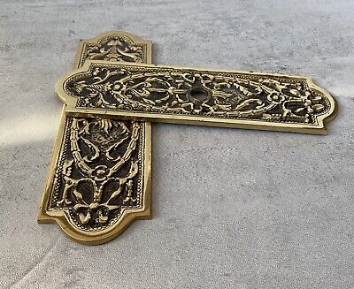 Pr Antique Ornate Brass Door Plate Floral Torch Ribbons Bows Filigree Boston MA 3
