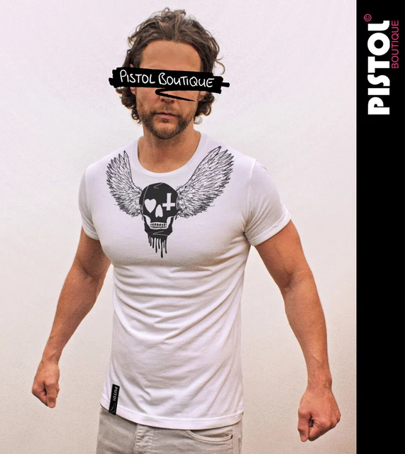 Pistol Boutique Uomo T-Shirt Nera Manica Arrotolata Con Teschio Corona Cuore Ali Pistol Boutique Uomo T-Shirt Nera Manica Arrotolata Con Teschio Corona Cuore Ali