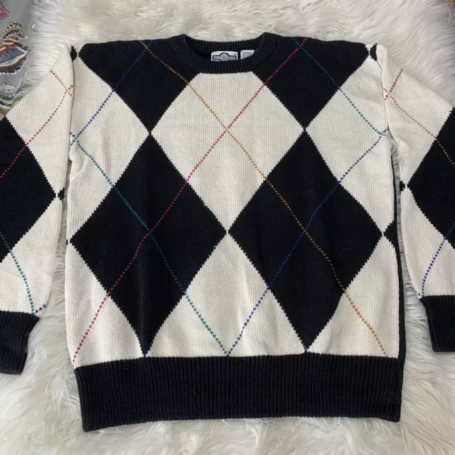 VTG 80s 90s Gulf Traders Men's Sweater Golf Black White Argyle Crew Neck Large