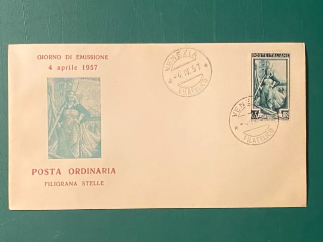 ITALIA 1957- 65£ ITALIA AL LAVORO filigrana stelle su busta FDC figurata