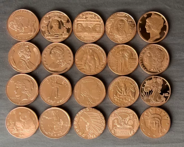 20 1 Oz Copper Rounds Avdp Artbarmint Assorted Coins W/Plastic Tube Proof