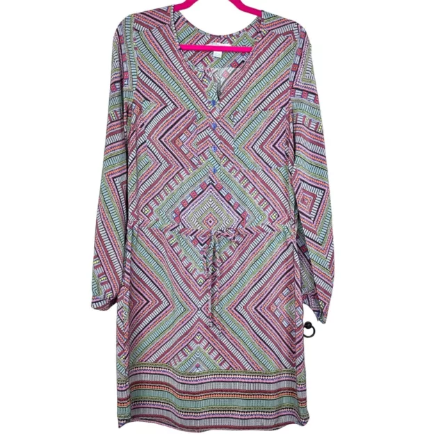 Charlie Jade Dress Womens Medium Blue Multicolor Long Sleeve V Neck Geometric