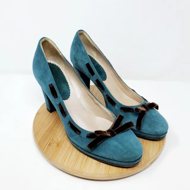 Boden Shoes Womens 39 EU Stack Heel Pump Teal Suede Leather Ribbon Bow 7.5 US