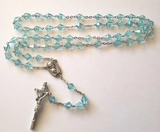 Vtg Blue Glass Teardrop Beads Rosary Mary Jesus Center Medal Crucifix