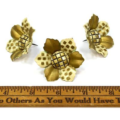 Vintage OVER-SIZED FLORAL PUSH PIN Lot of 3 GOLDEN FLOWER TACKS Curtain Tie-Back