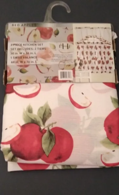 *NWT Apple 3-Piece Embroidered Kitchen Curtain Set With Swag Valance,,60x36 Inch