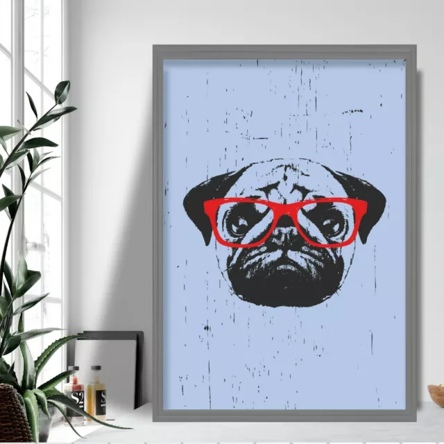 Grunge Style Art Print Pug SKETCH Glasses Picture Poster Decor