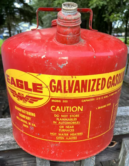Vintage Eagle Red & Yellow  Metal 5 Gallon Galvanized Gas Can #505 USA MADE