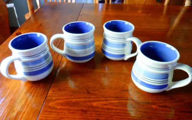 Pfaltzgraff Rio Blue Stripe Pottery Coffee Mugs (4)