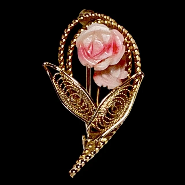 Fleurs Artificielles Broche Ancienne En Vermeil (argent Doré) Et Jadéite Travaillée - Bijou Vintage En Filigrane Broche Filigrane Jade Vert