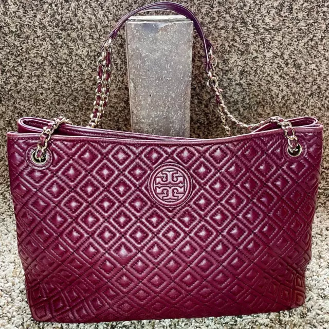 Tory Burch Marion Diamond Quilted Leather Shoulder Tote Bag Burgundy Gold Purse 3