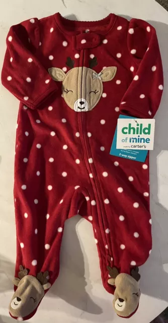 Carters Infant Baby Girls 0-3 Months Red Dot Fleece Reindeer  Sleeper NWT