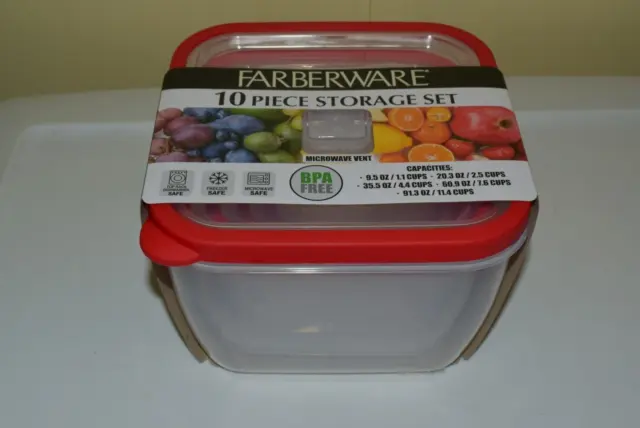 Farberware 10-pc Storage Containers SET  BPA Free Microwave Vent RED New!