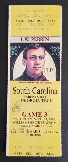 South Carolina Georgia Tech Football FULL Ticket 9/23 1989 T. Ellis Dingle Stub