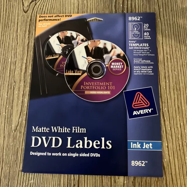 CD/DVD Labels Matte White Film AVERY 20-Pack 8962 Ink Jet