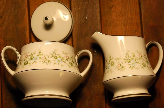Noritake Vintage Savannah 3 pc SUGAR BOWL & CREAMER SET Platinum Rim 2031 JAPAN