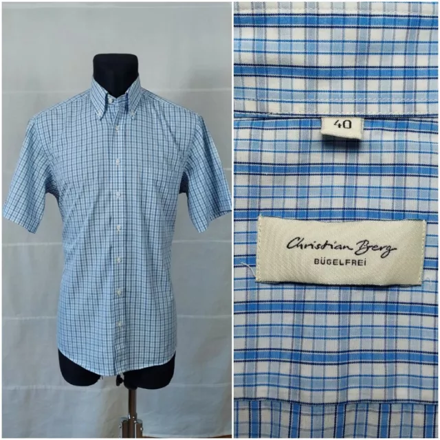 CHRISTIAN BERG 40cm 15.75” Blue White Mens Check Short Sleeve Shirt Non-Iron