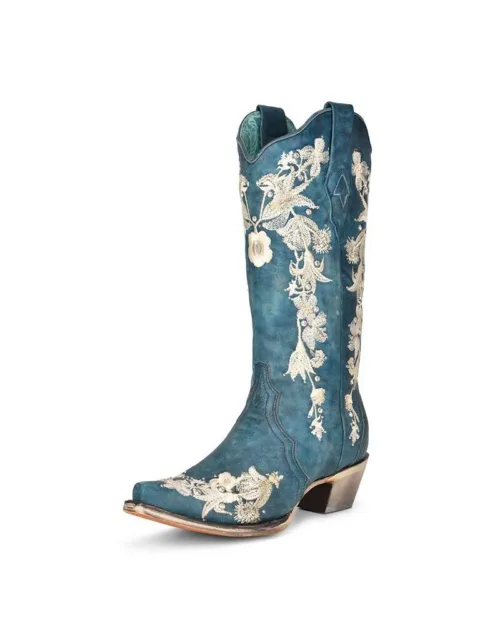Corral Western Boots Womens Floral Embroidery Navy Blue A4361