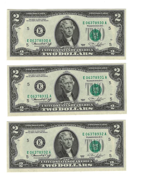 TWO DOLLAR BILLS (3) 1976 consecutive SN #39 #s Treas Sig Error Crisp NEVER TWO DOLLAR BILLS (3) 1976 consecutive SN #39 #s Treas Sig Error Crisp NEVER