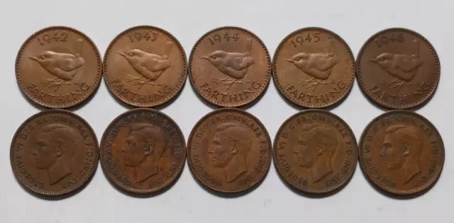 Lot of 5x Great Britain Farthing Coins - 1942-1946 Dates - Bronze - George VI