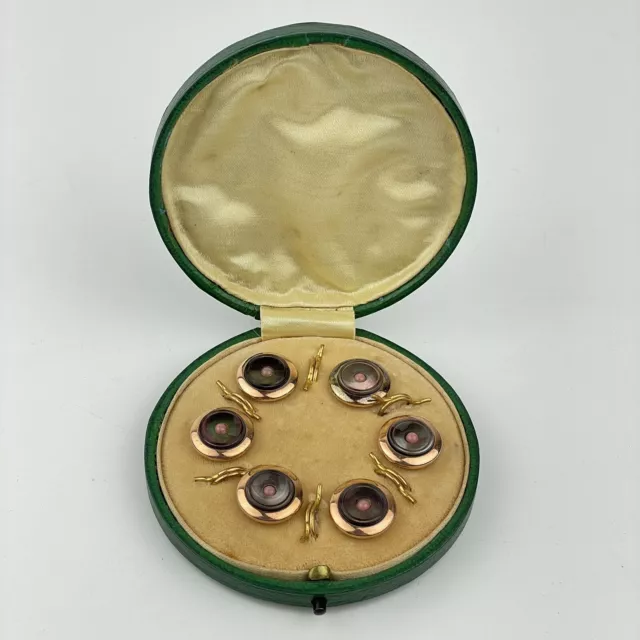 Antique Cased Set 6 Mother Of Pearl Dress Studs Green Leather Type Box Gold Plat