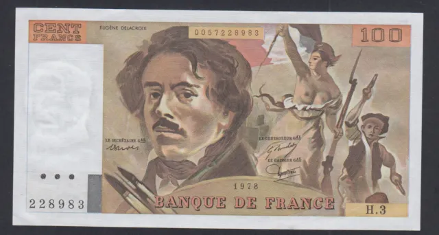 Billet France 100 Francs Delacroix 1978, H.3 228983, UNC, cote 140 euros,  lartd