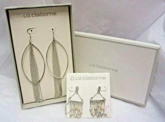 2 Pr Liz Claiborne Silver Tone Pierced Earrings Dangle Faux Pearl & Rhinestone