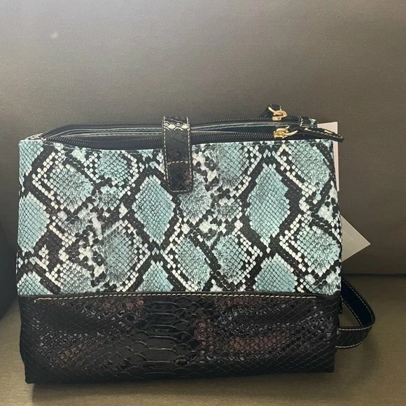 Samantha Brown Embossed  Snake Print 3 Compartment Organizer BLUE/BLACK nwt 3
