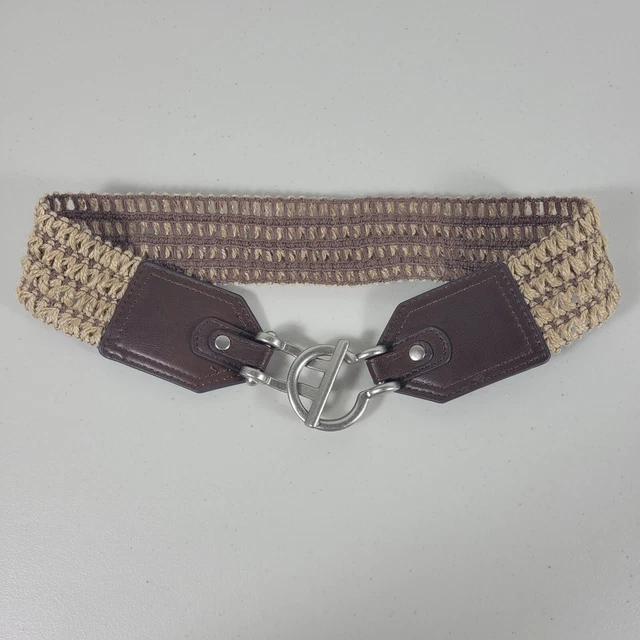 Women's Small Belt 28 Inches Hook Clasp Woven Knit Jute Blend Stretch Brown Tan