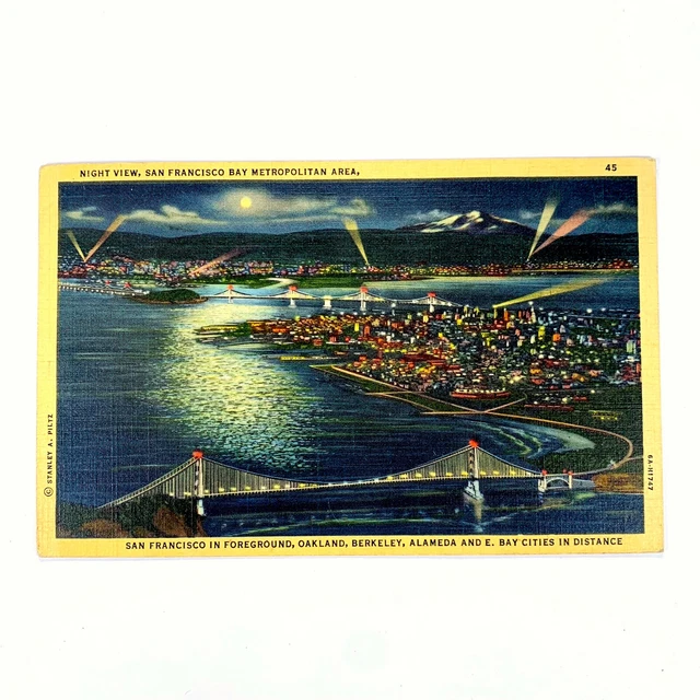 Postcard California San Francisco CA Aerial View Night Moon 1943 Posted Linen